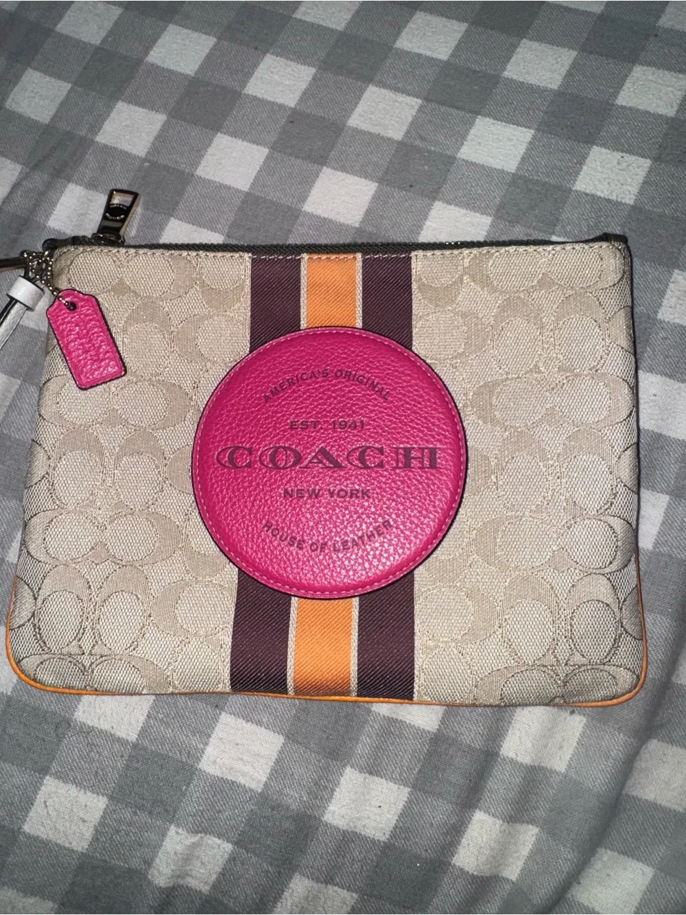 Coach Beige Signature Canvas Wristlet with Pink Logo Medallion and Orange Stripe - Picture 2 of 4